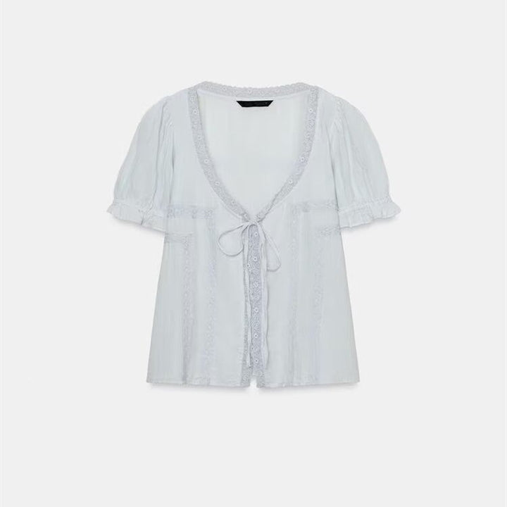 Damen luftige Bluse mit Rüschendetails und dekorativen Knöpfen Drune