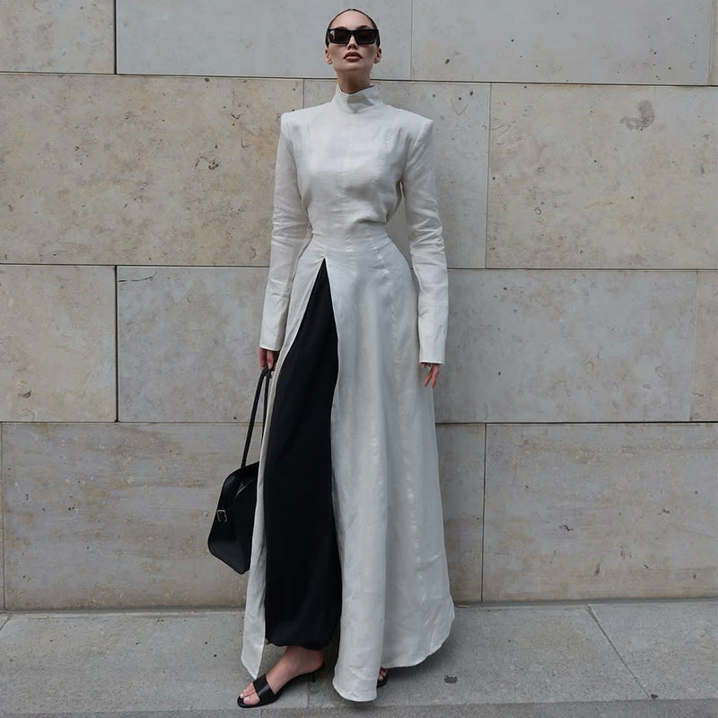 Damen elegantes Maxikleid mit hochgeschlossenem Kragen und asymmetrischem Farbdesign Drune