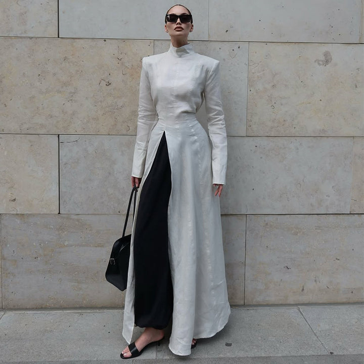 Damen elegantes Maxikleid mit hochgeschlossenem Kragen und asymmetrischem Farbdesign Drune