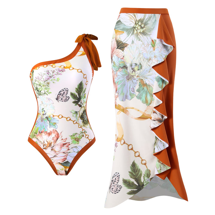 Damen Einteiler Badeanzug mit asymmetrischem Schnitt und elegantem Wickelrock Drune