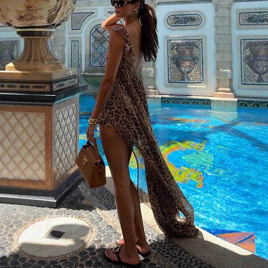 Damen luftiger Kaftan mit animalischem Print und elastischem Taillenband Drune
