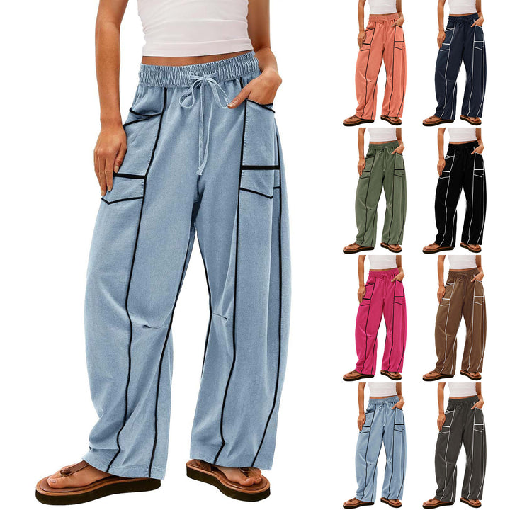 Damen nan weite Lounge-Hose mit Kordelzug, Kontrastpaspelierung und Cargo-Taschen Drune