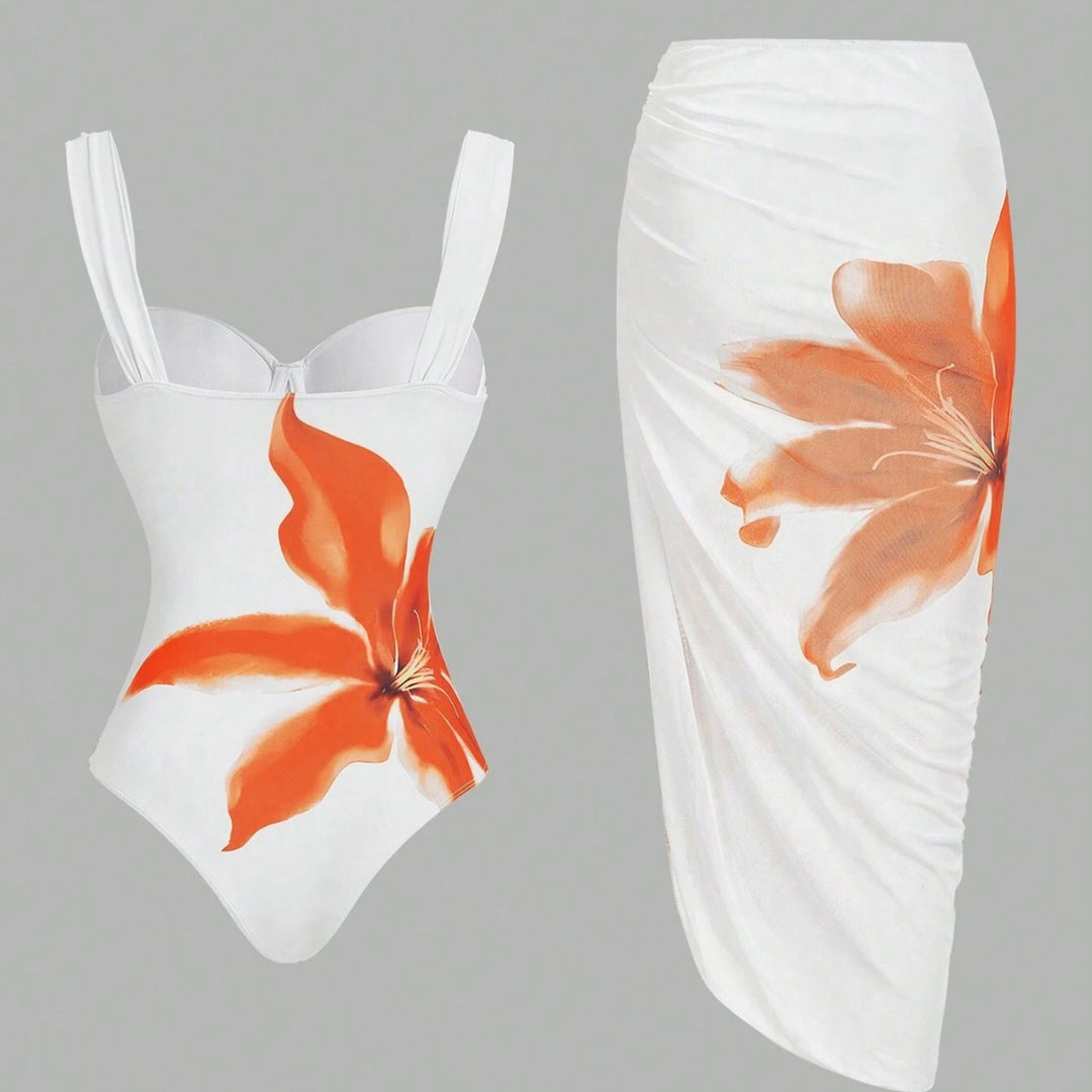 Damen Badeanzug mit elegantem floralem Design und passendem Wickelrock Drune