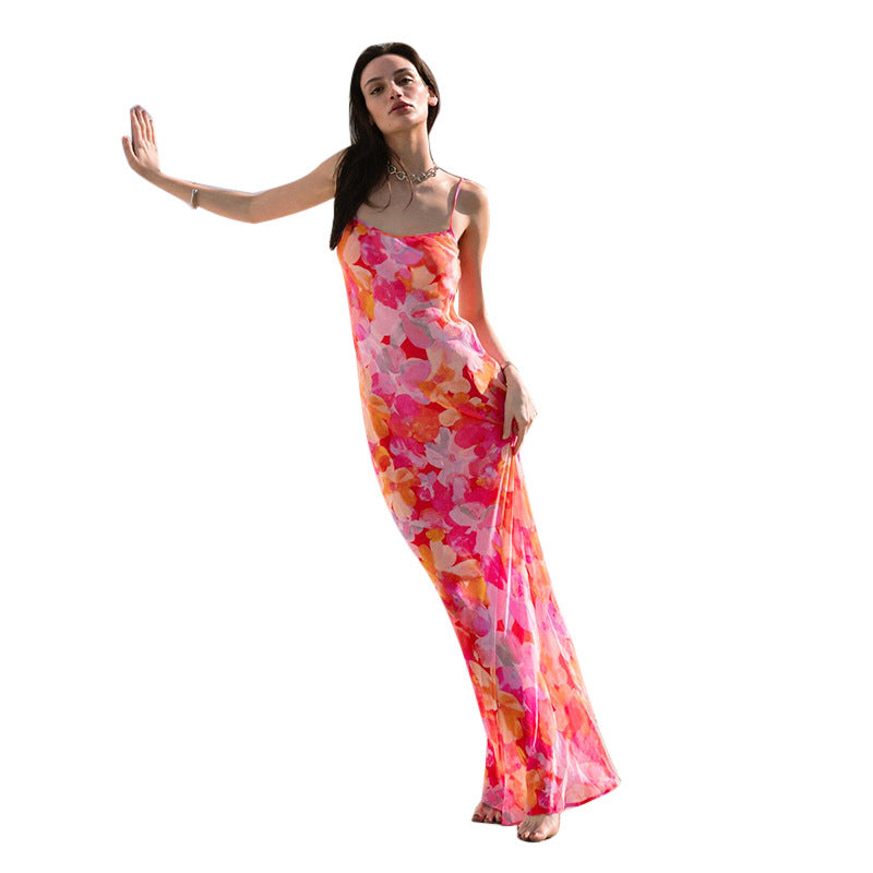 Damen Maxikleid mit floralem Muster und schmalen Spaghetti-Trägern Drune