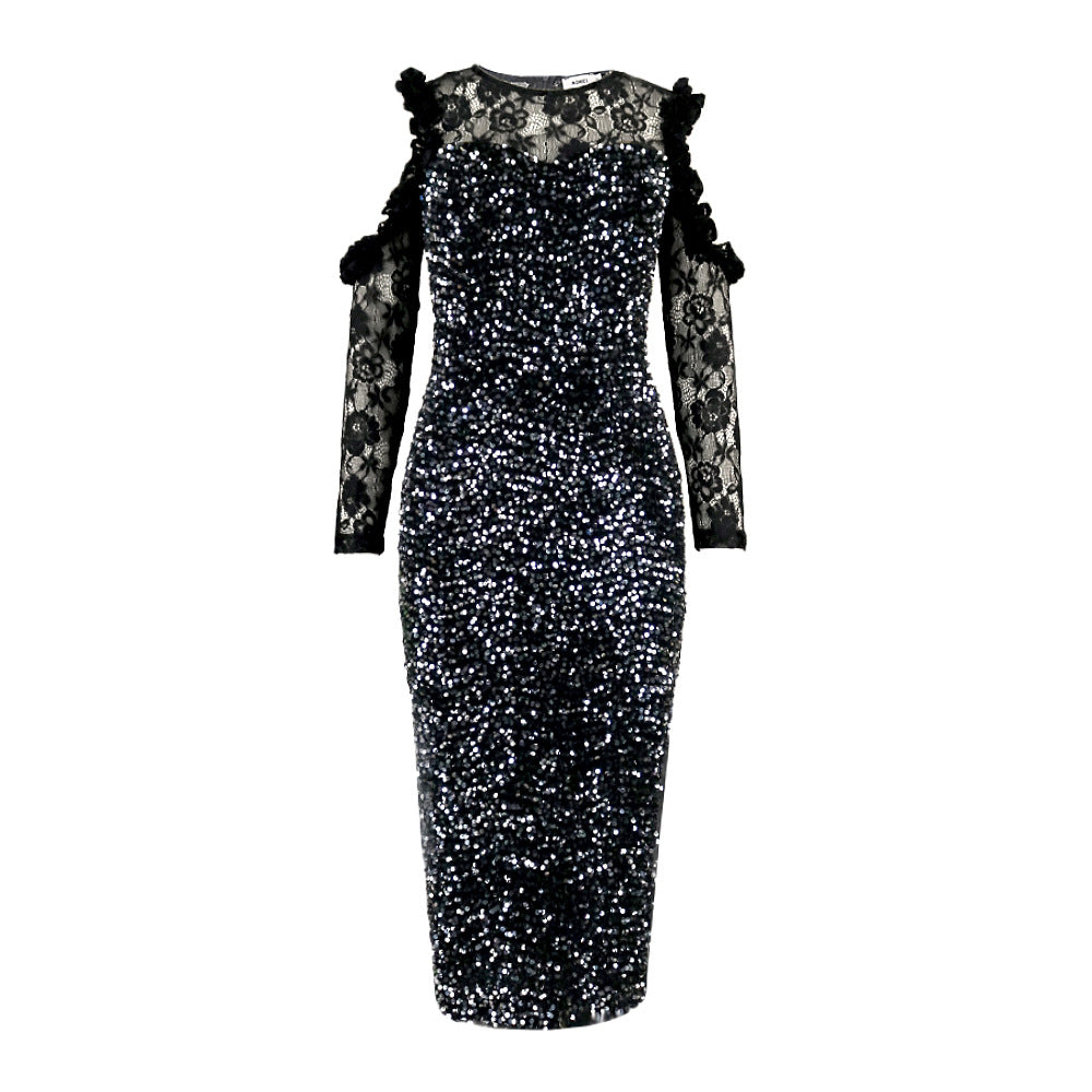 Damen Glitzerndes Festkleid mit eleganten Spitzendetails Drune
