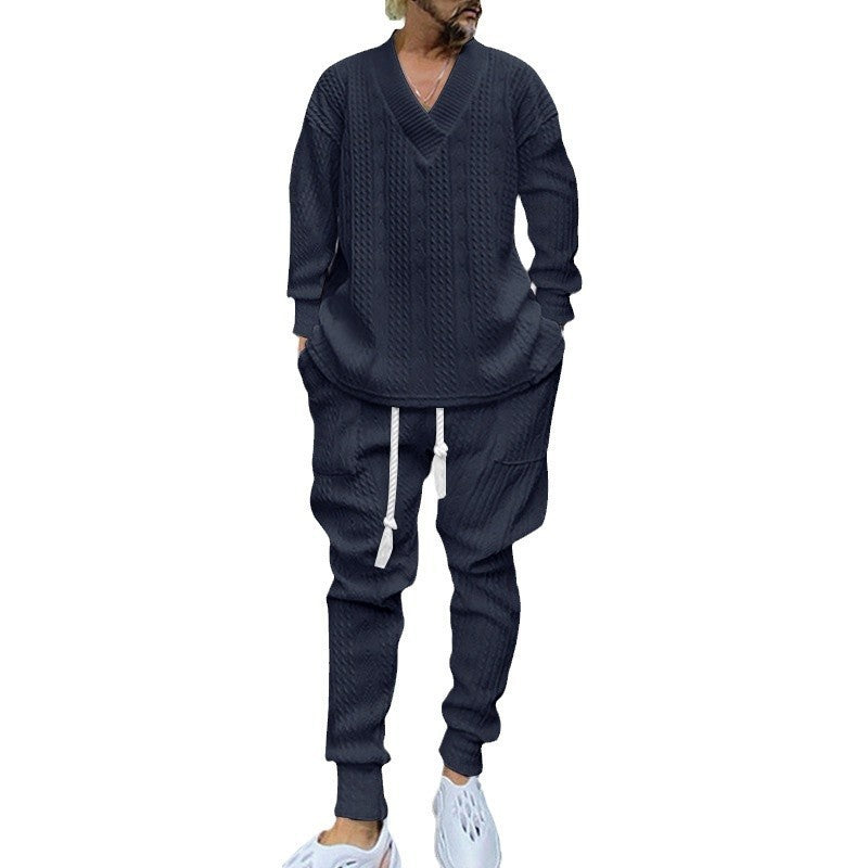 Herren nan gestricktes Lounge-Set mit tiefem V‑Ausschnitt, Kordelzug-Jogginghose und Rippbündchen Drune