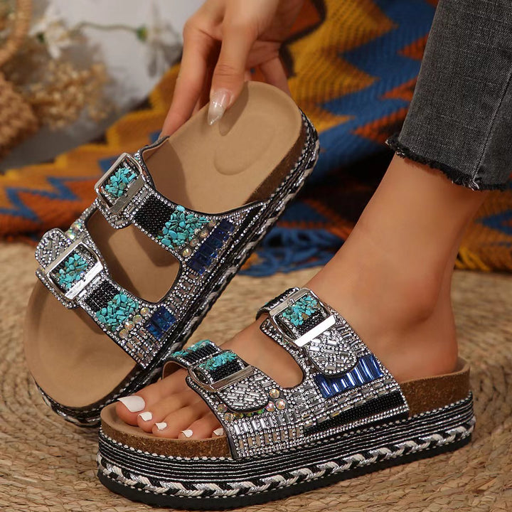 Damen Sandalen mit funkelnden Strassakzenten und komfortabler Korksohle Drune