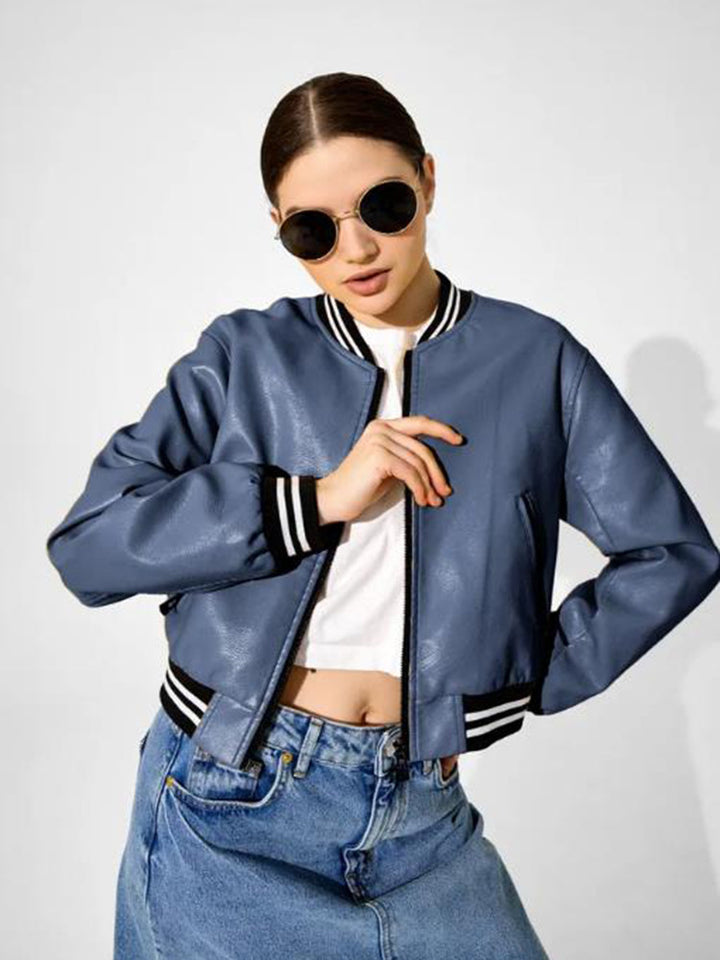 Damen modische Kunstleder-Bomberjacke mit elastischen Bündchen und Taschen Drune