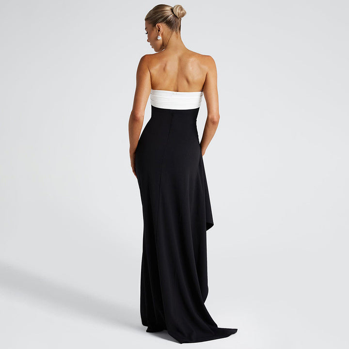 Damen elegantes trägerloses Maxikleid mit seitlichem Schlitz und kontrastierendem Oberteil Drune