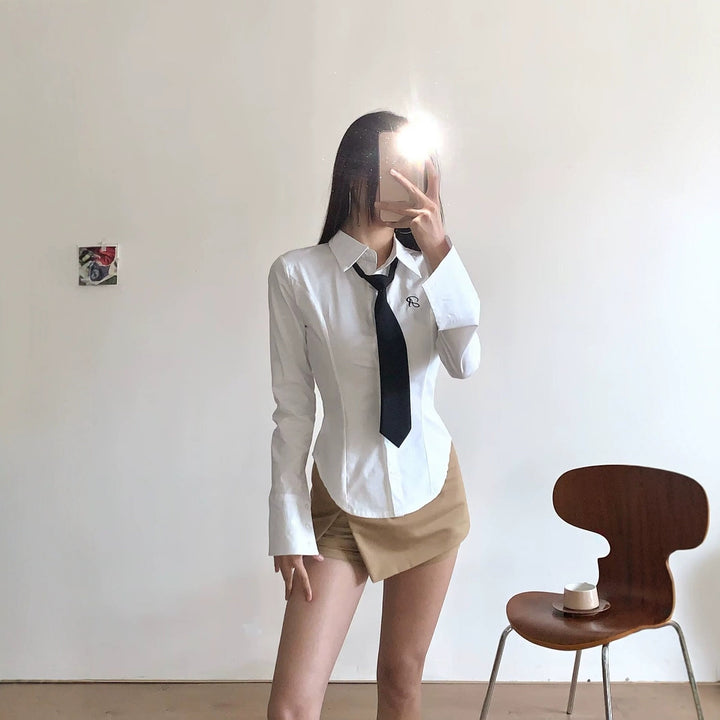 Damen klassische Bluse mit eleganter Krawatte Drune