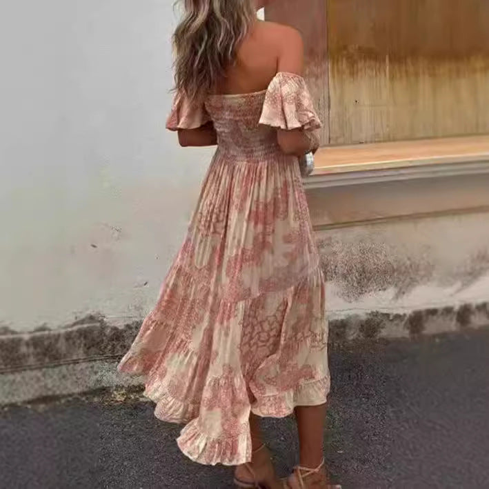 Damen Off-Shoulder Maxikleid mit Rüschendetails und elastischem Taillenband Drune