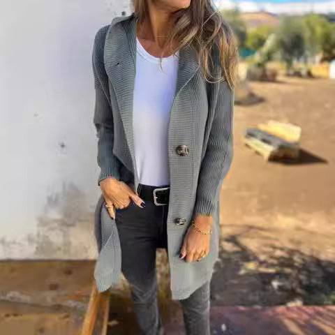 Damen lange Strickjacke mit Kapuze und Taschen Drune