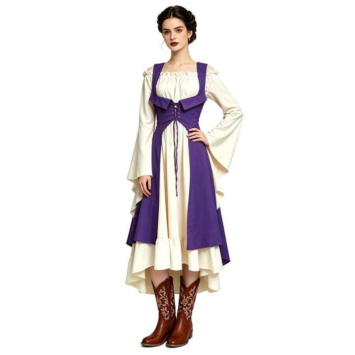 Damen nan schulterfreies Boho Maxikleid mit Volants, asymmetrischem Saum und Glockenärmeln Drune