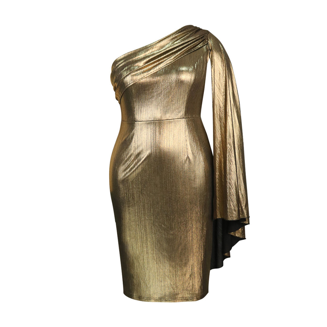 Damen Elegantes Ein-Schulter Kleid mit glänzender Stoffstruktur Drune
