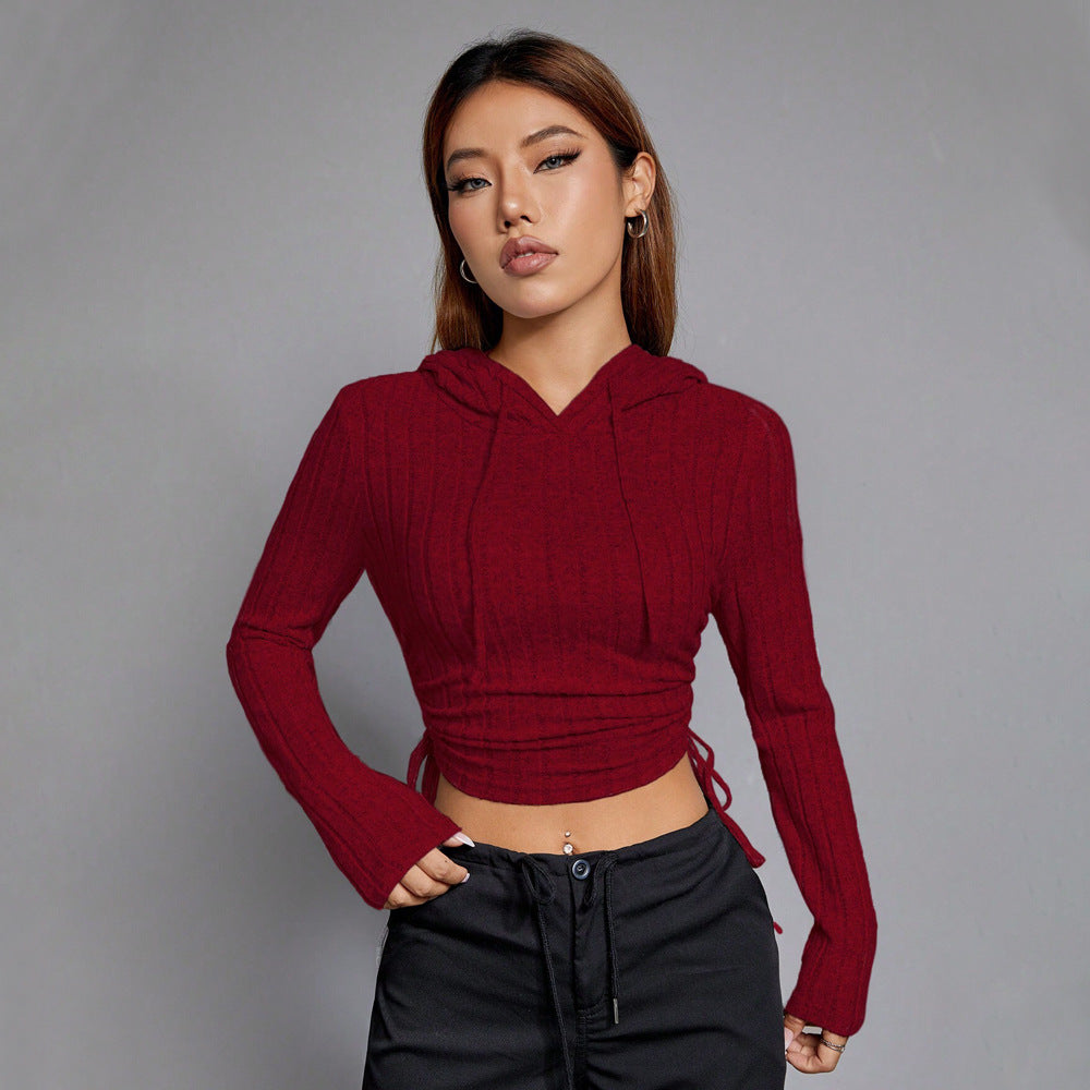 Damen Cropped Hoodie mit langen Ärmeln und elegantem Rippmuster Drune