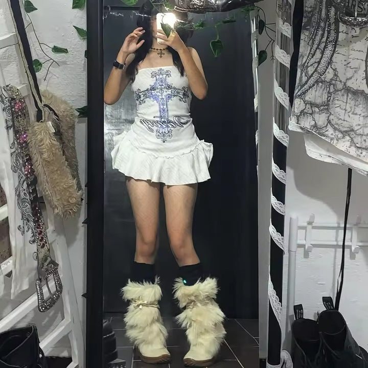 Damen Figurbetontes Rüschenkleid mit Kreuzmotiv Drune