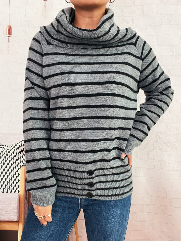 Damen Pullover mit weichem Kragen und dekorativen Knöpfen Drune