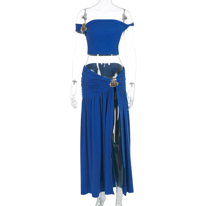 Damen Off-Shoulder Maxirock mit figurbetontem Crop-Top und verspieltem Detail Drune