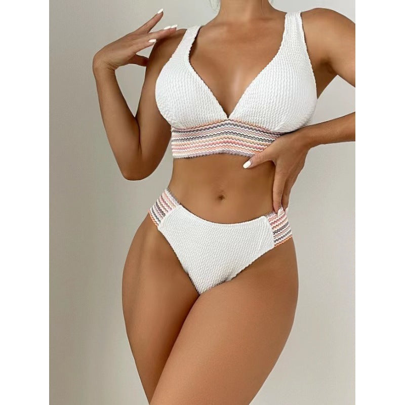 Damen Wellenmuster Bikini-Set mit tiefem V-Ausschnitt Drune