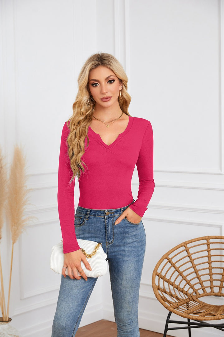 Damen Langarmshirt mit elegantem V-Ausschnitt und feiner Textur Drune