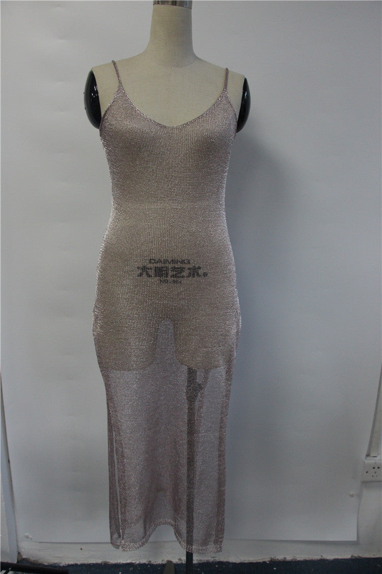 Damen elegantes Strickkleid mit transparentem Design und feinen Trägern Drune