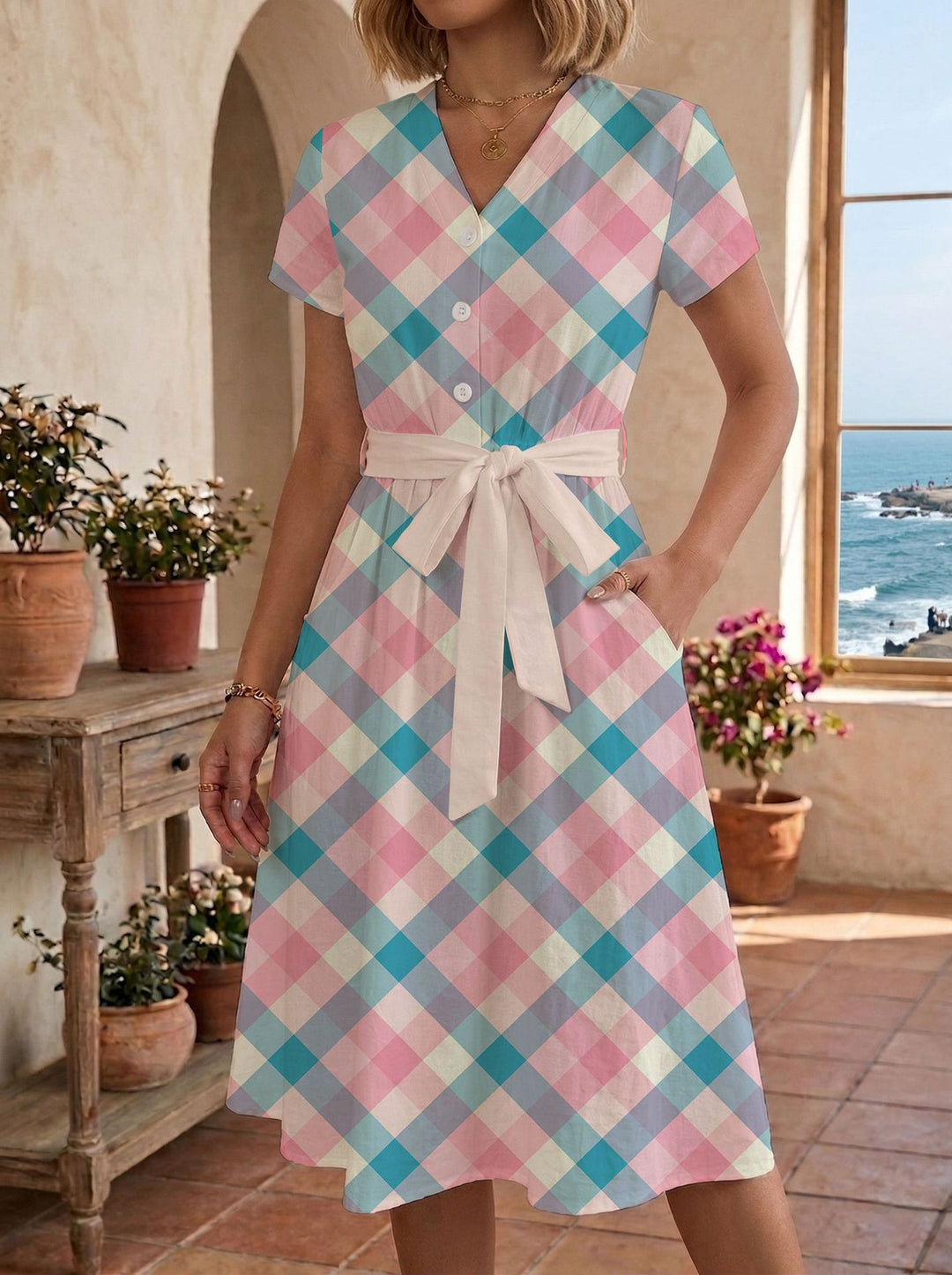 Damen lässiges Maxikleid mit taillierbarem Knoten und dekorativem Karomuster Drune
