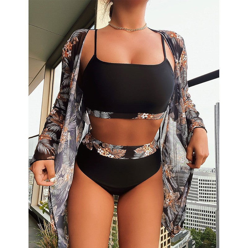 Damen Bikini-Set mit floralem Kimono und hochtailliertem Unterteil Drune