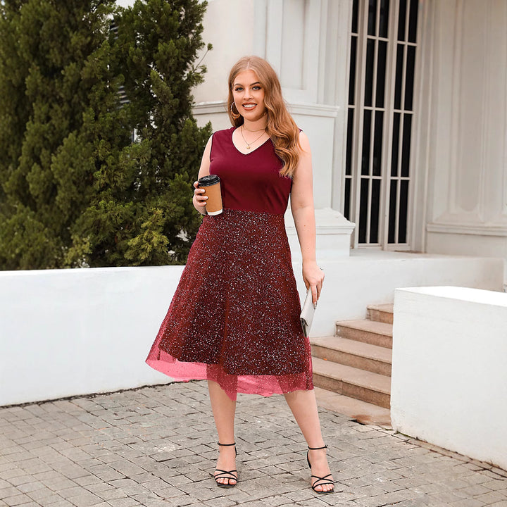 Damen Elegantes Skaterkleid mit modischem V-Ausschnitt und glitzerndem Tüll Drune