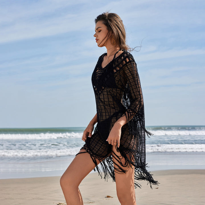 Damen eleganter Häkel-Strandüberwurf mit Fransen Drune