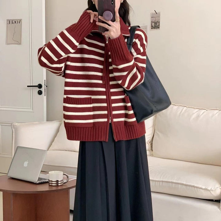 Damen Strickjacke mit modernem Streifenmuster und praktischen Taschen Drune