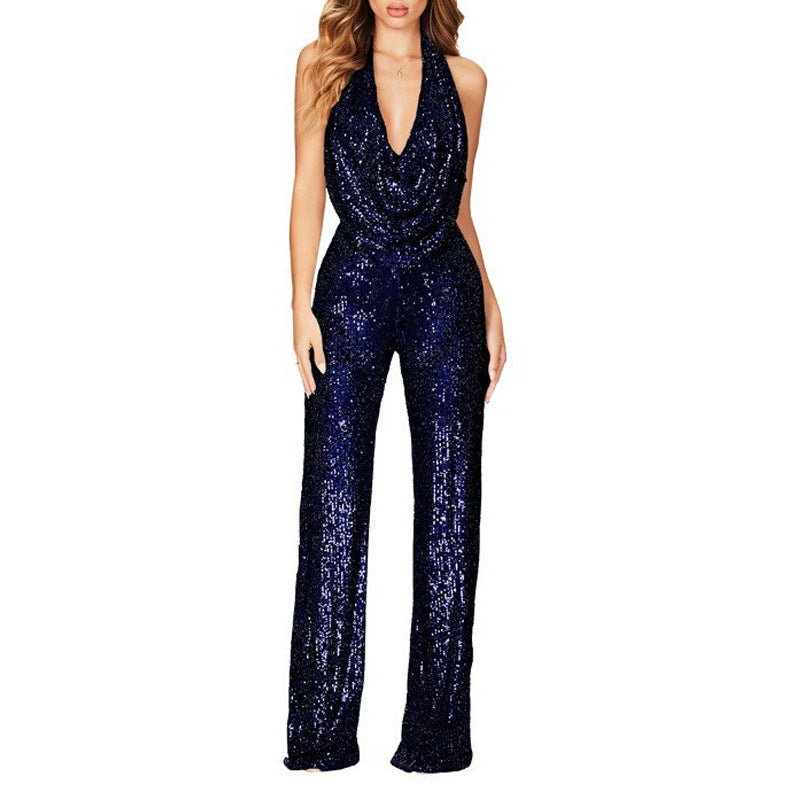 Damen Glamouröser Jumpsuit mit schimmerndem Paillettenbesatz und tiefem V-Ausschnitt Drune