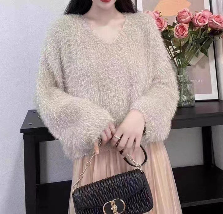 Damen kuscheliger V-Ausschnitt Pullover mit glitzerndem Faden Drune