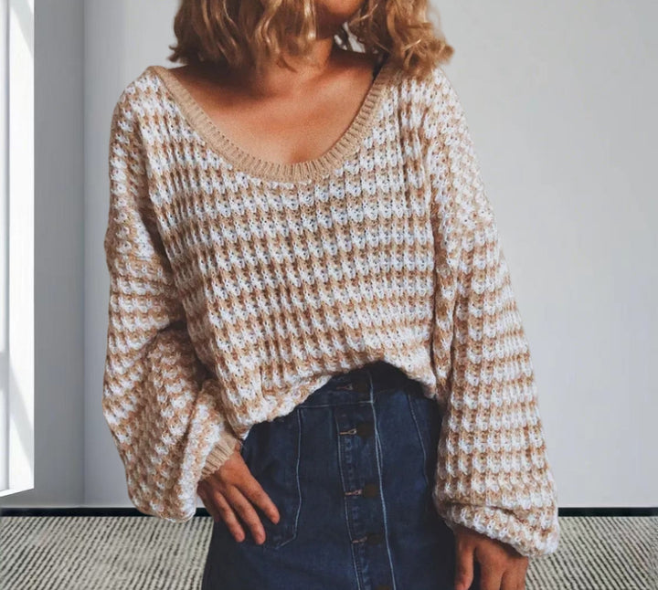 Damen Oversized Strickpullover mit off-Shoulder Design und modischem Rippenmuster Drune