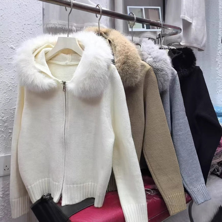 Damen modische Strickjacke mit abnehmbarer Kapuze aus weichem Material Drune