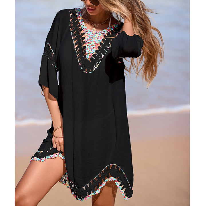 Damen Häkel-Strandtunika mit fransigem Saum und bunten Applikationen Drune