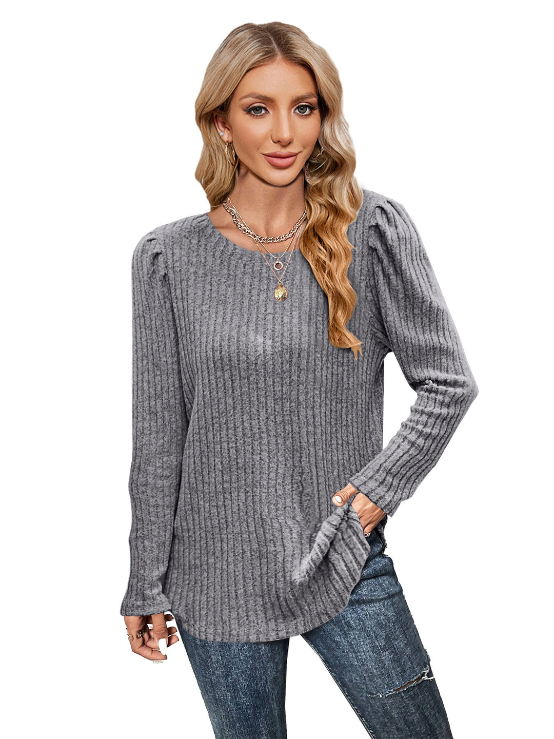 Damen Strickpullover mit Puffärmeln und feinem Rippenmuster Drune