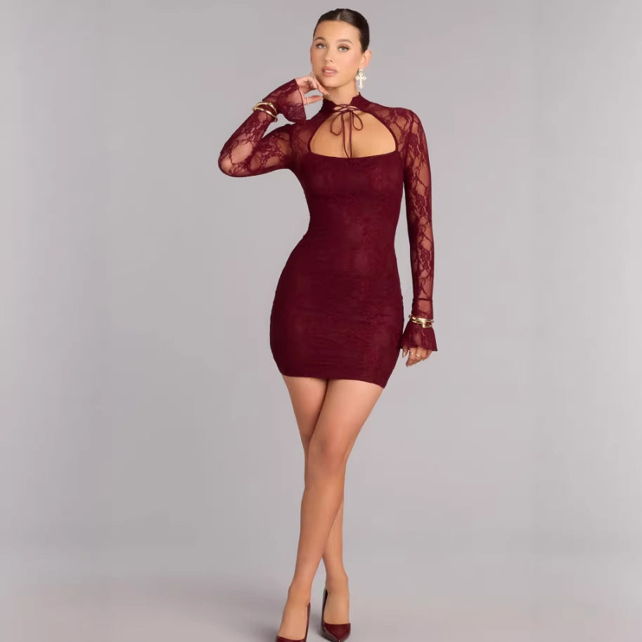 Damen Spitzenminikleid mit hohem Kragen und raffinierten Cut-Out-Details Drune