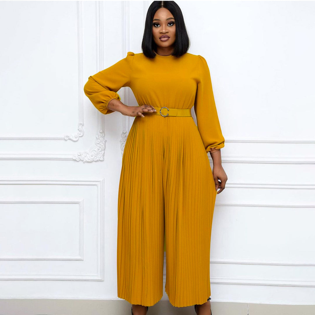 Damen Plissee Jumpsuit mit elegantem Gürtel und weit ausgestellten Ärmeln Drune