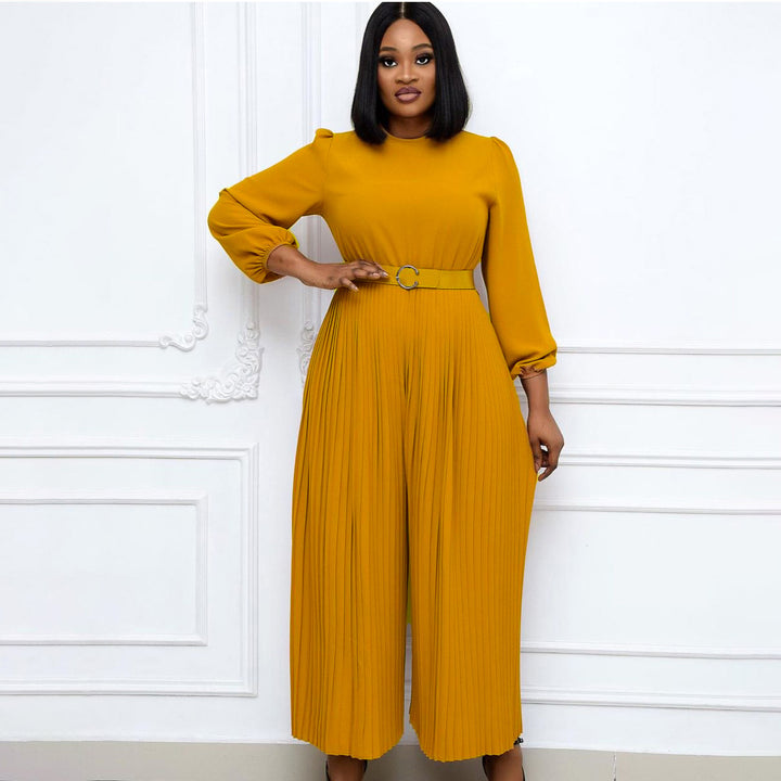 Damen Plissee Jumpsuit mit elegantem Gürtel und weit ausgestellten Ärmeln Drune