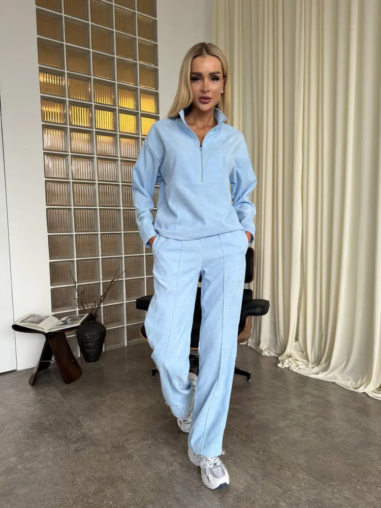 Damen sportliches Fleece-Set mit hohem Kragen und weitem Bein Drune