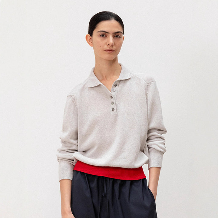 Damen lässiger Strickpullover mit Polokragen und kontrastierendem Bund Drune