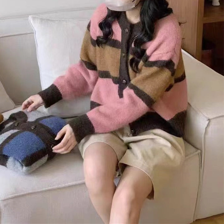 Damen Gemütlicher Strickcardigan mit modischem Streifenmuster und Knopfverschluss Drune