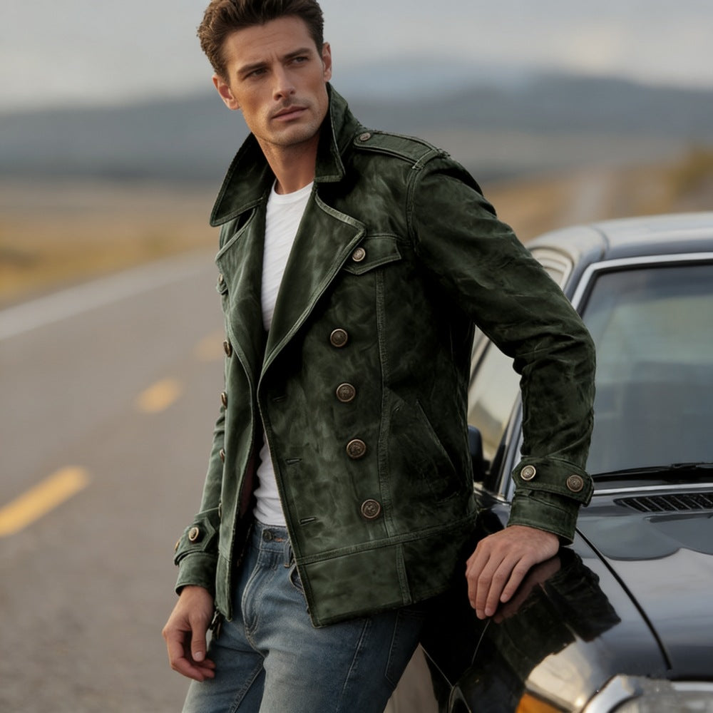 Herren nan doppeltreihige Vintage-Lederjacke mit Reverskragen und Schulterpatten Drune