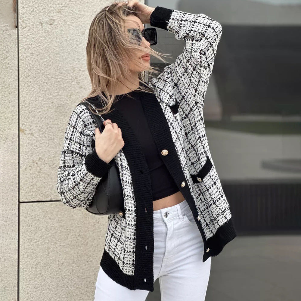 Damen modische Strickjacke mit eleganter Karo-Optik und Taschen Drune