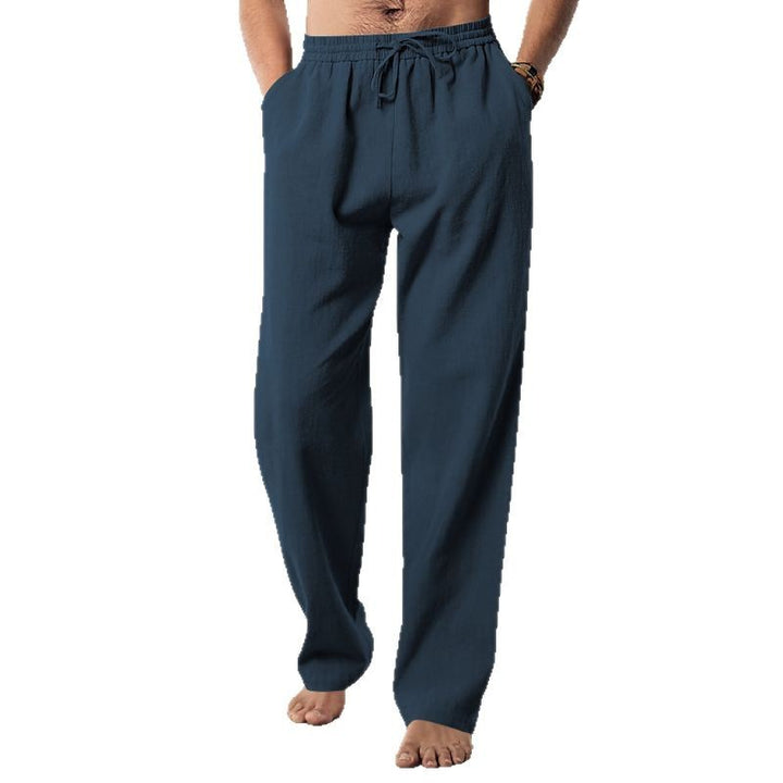 Herren nan weiche Leinen-Baumwoll Loungehose mit elastischem Tunnelzugbund, Seitentaschen und entspanntem geradem Bein Drune