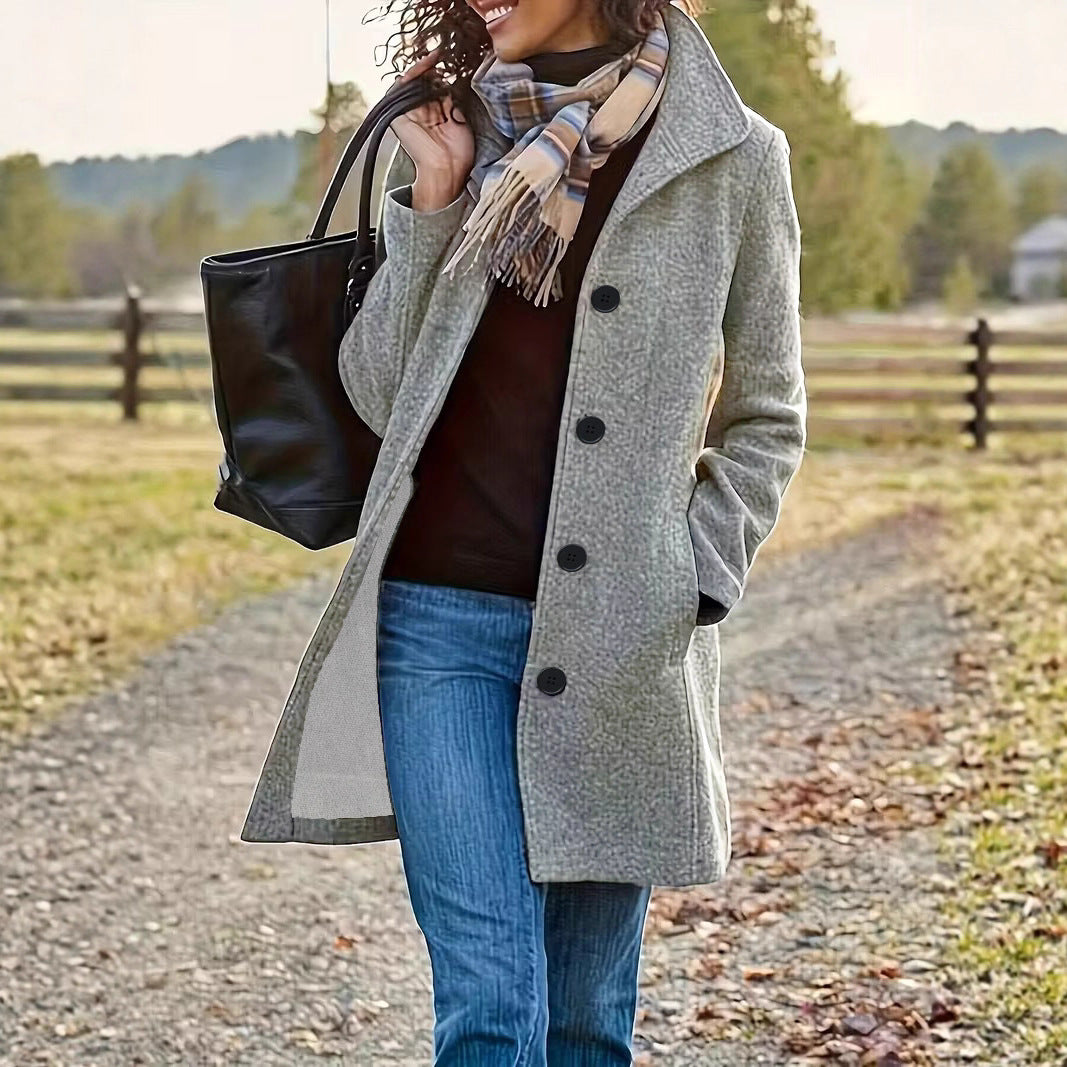 Damen elegante Wollmantel mit modernem Kragen und praktischen Taschen Drune