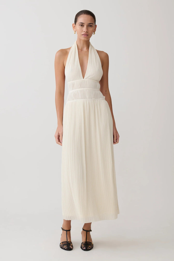 Damen Fließendes Maxikleid mit tiefem V-Ausschnitt und Plisseedetails Drune