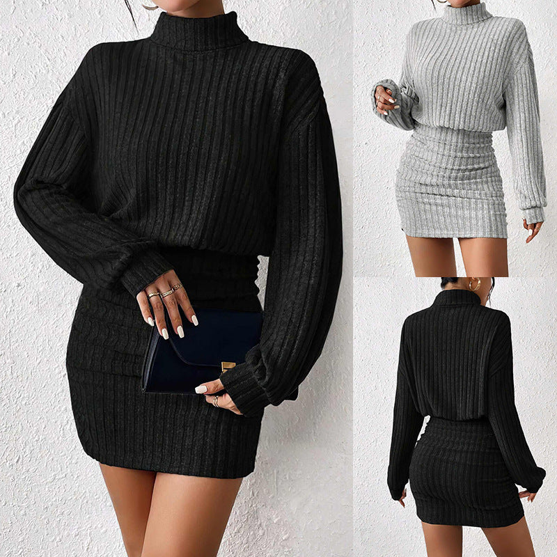 Damen Strickkleid mit hohem Kragen und Rippstruktur Drune