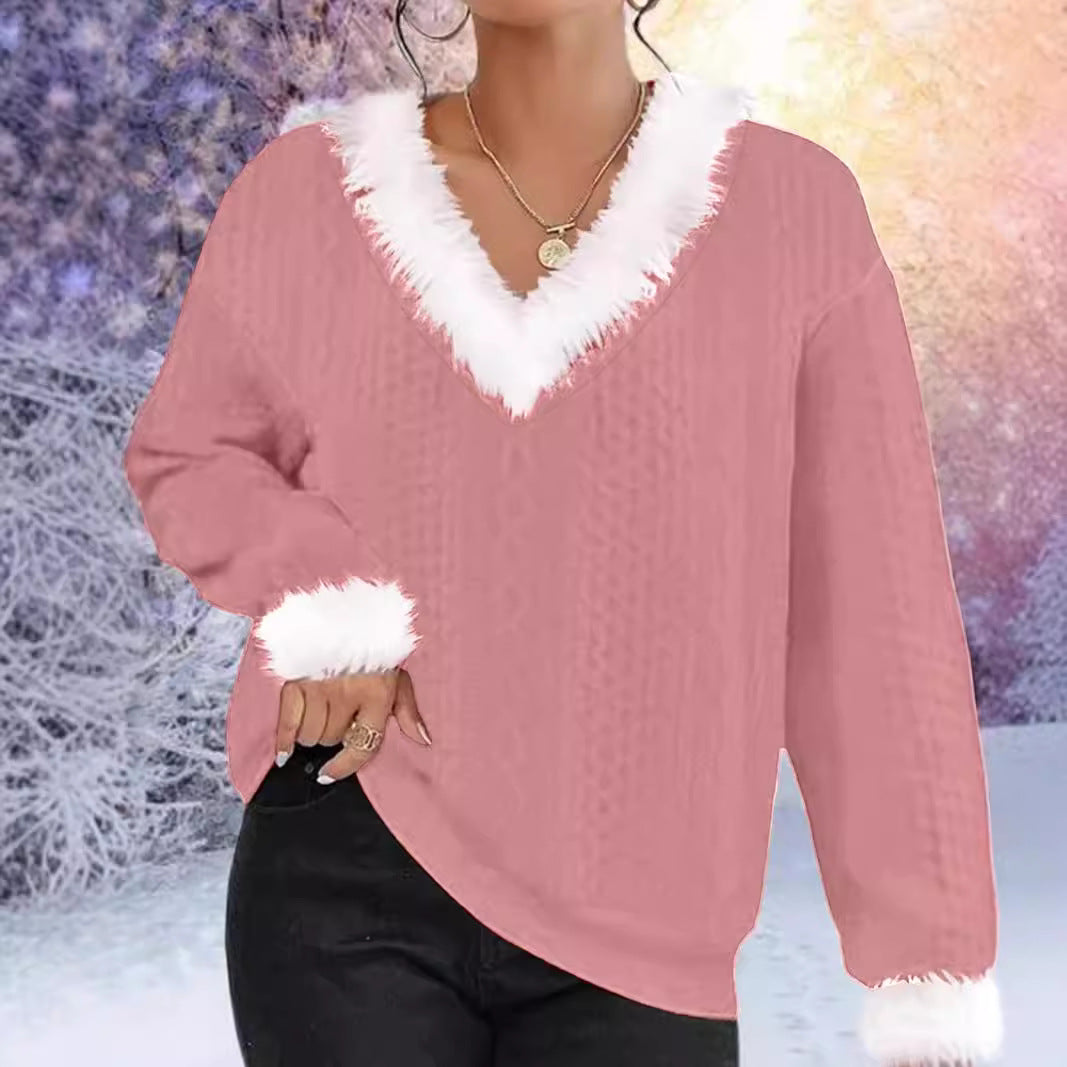 Damen Strickpullover mit V-Ausschnitt und kontrastierendem Pelzbesatz Drune