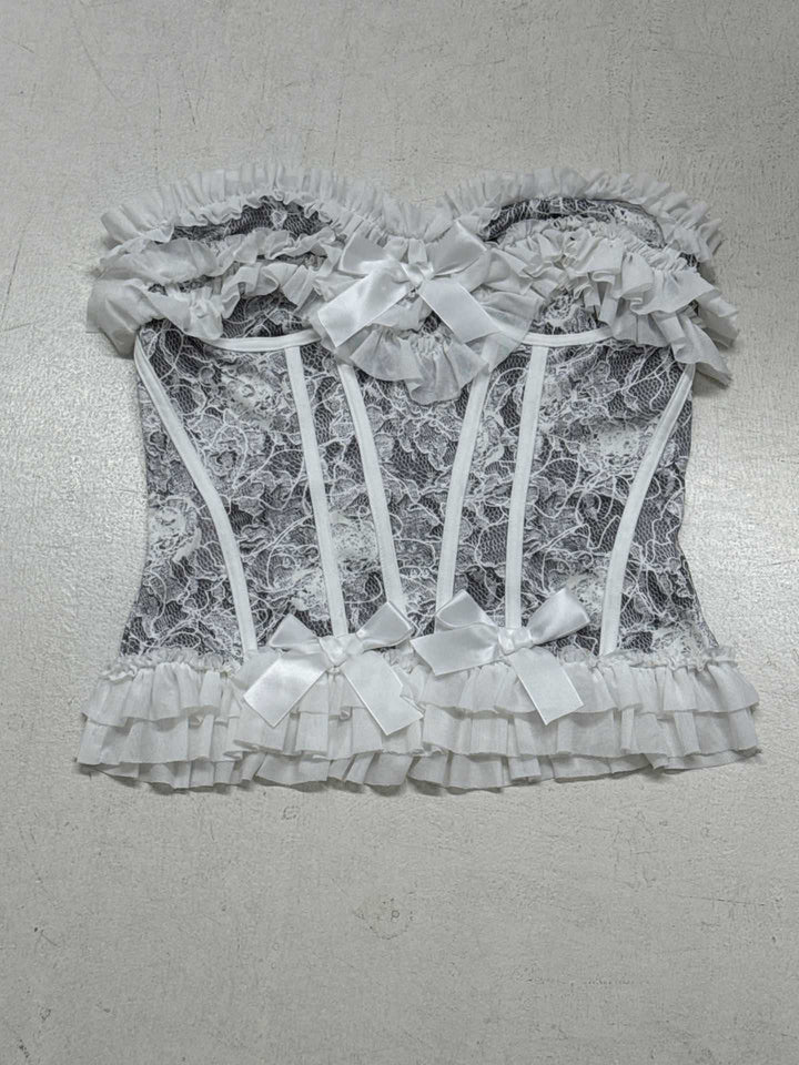 Damen Spitzen-Bustier mit Rüschendetails und Schleifen Drune